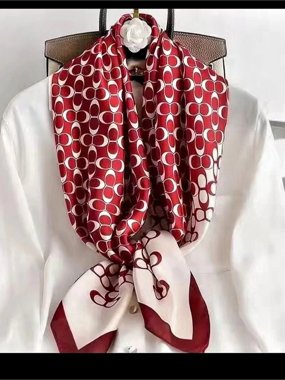 Coach Textured Signature Print Silk Square Scarf Red & White